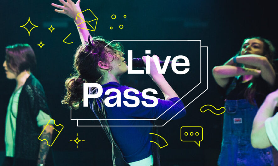 Person singing in a microphone with one hand up in the air, with the Live Pass logo around them.