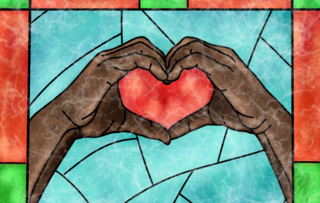 Stained glass window drawing of two hands creating a heart.