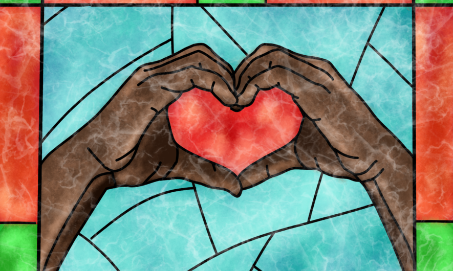 Stained glass window drawing of two hands creating a heart.