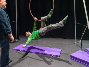 Audience member hanging from an aerial hoop.