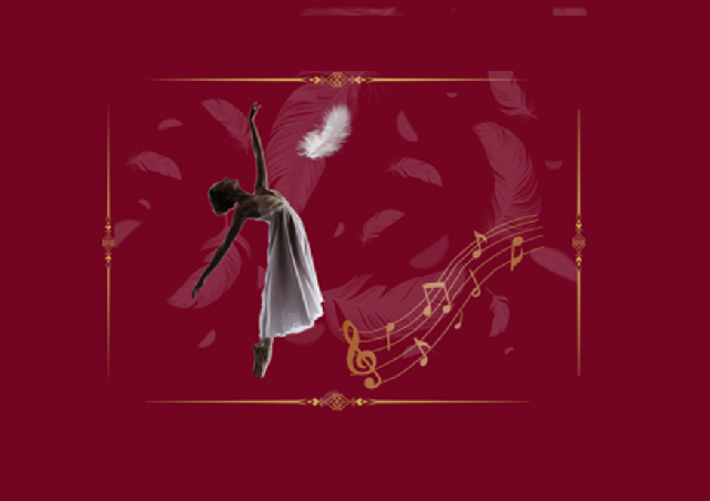 A drawing of a ballerina dancing on a red background. A feather is falling above them and golden music notes dance across the bottom of the image.