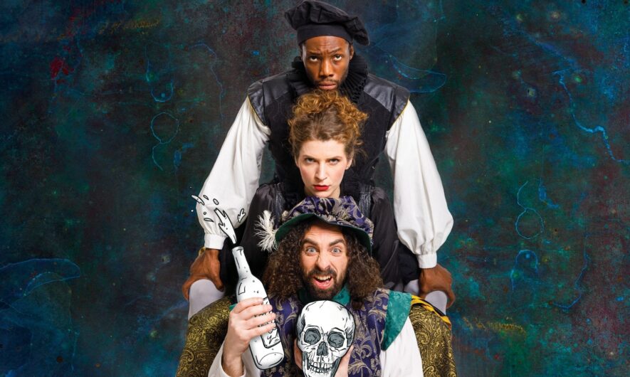3 performers stand with their chins resting on the others head. The bottom performer rests their head on a drawn skull, and is holding a drawn liquor bottle that is splashing.