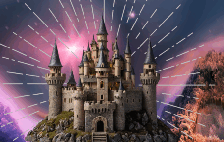 Castle on a mossy hill with illustrated lines coming out of it. A purple pink background.
