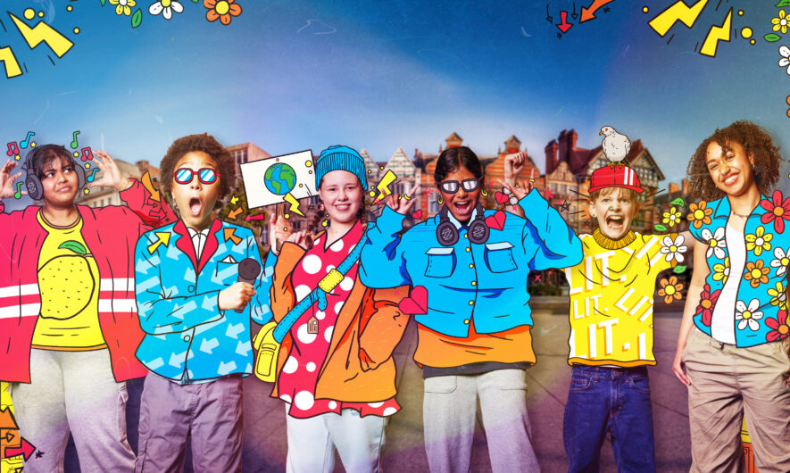 Six children are stood on a street. Their outfits are overdrawn in a cartoon style in vibrant colours and patterns. They all have amused or excited expressions. There are cartoon flowers, bolts and arrows framing the image.