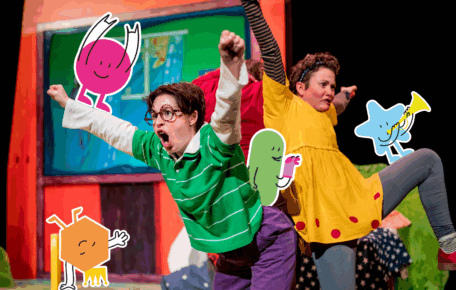 One person with round rimmed glasses, a green shirt and purple trousers holds their arms in the air and exclaims in excitement. A second person behind them in a yellow dress with grey leggings does the same, with on leg up. Small colourful cartoon characters are put onto the image in various spots.