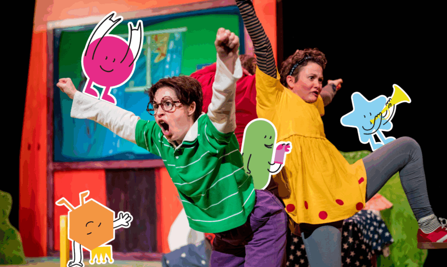 One person with round rimmed glasses, a green shirt and purple trousers holds their arms in the air and exclaims in excitement. A second person behind them in a yellow dress with grey leggings does the same, with on leg up. Small colourful cartoon characters are put onto the image in various spots.