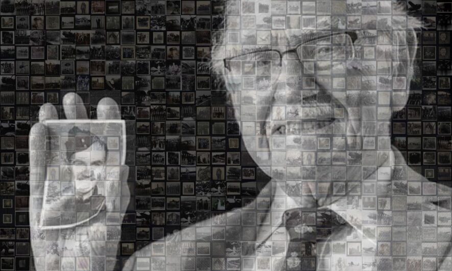 Mosaic style image of elderly man wearing glasses and a suit holding up a photograph of a younger man in a army uniform. Black and white image.